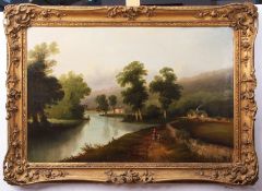 English School (19th century), Extensive river landscape with figures, 64 x 98cm