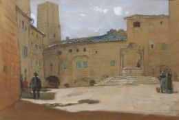 James Clark, RI (1858-1943), "Piazza della Cisterna, San Gimignano", pastel, signed lower left, 24 x