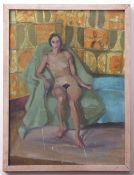 Follower of Matisse, Reclining female nude in decorative tiled interior, oil on board, 60 x 45cm