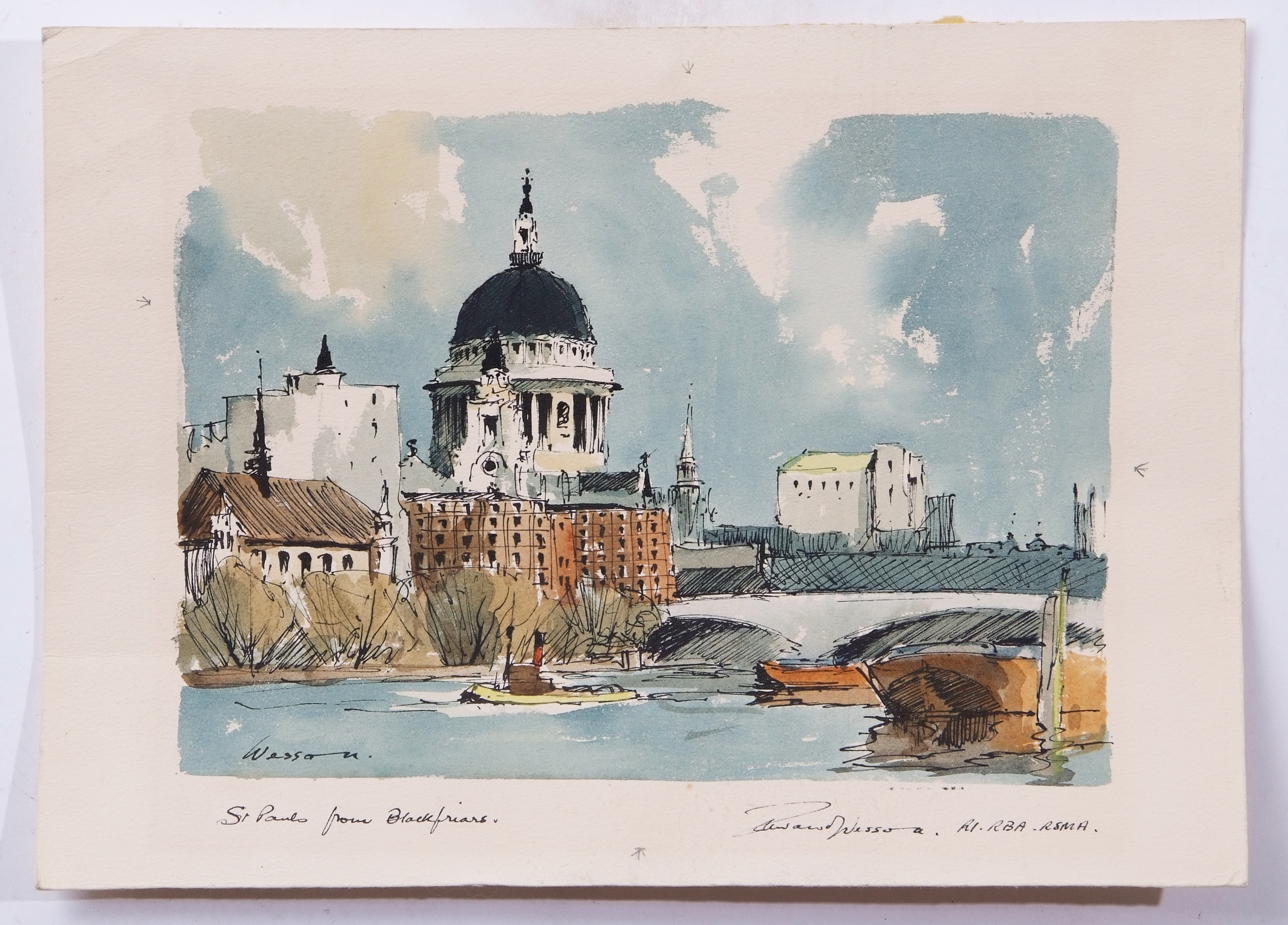AR Edward Wesson, RI, RBA (1910-1983), "St Paul's from Blackfriars", pen, ink and watercolour, - Image 2 of 2