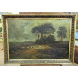 English School (19th Century) Extensive landscape with hunting scene oil on canvas 60 x 90cm