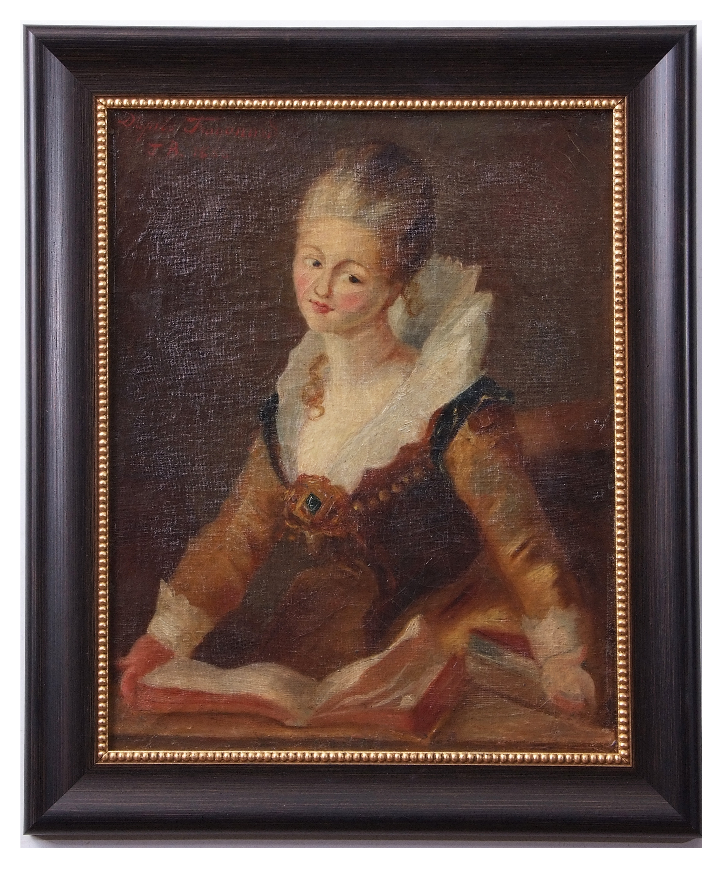 JB (late 19th century), Portrait of a lady reading a book (after Fragonard) oil on canvas laid to
