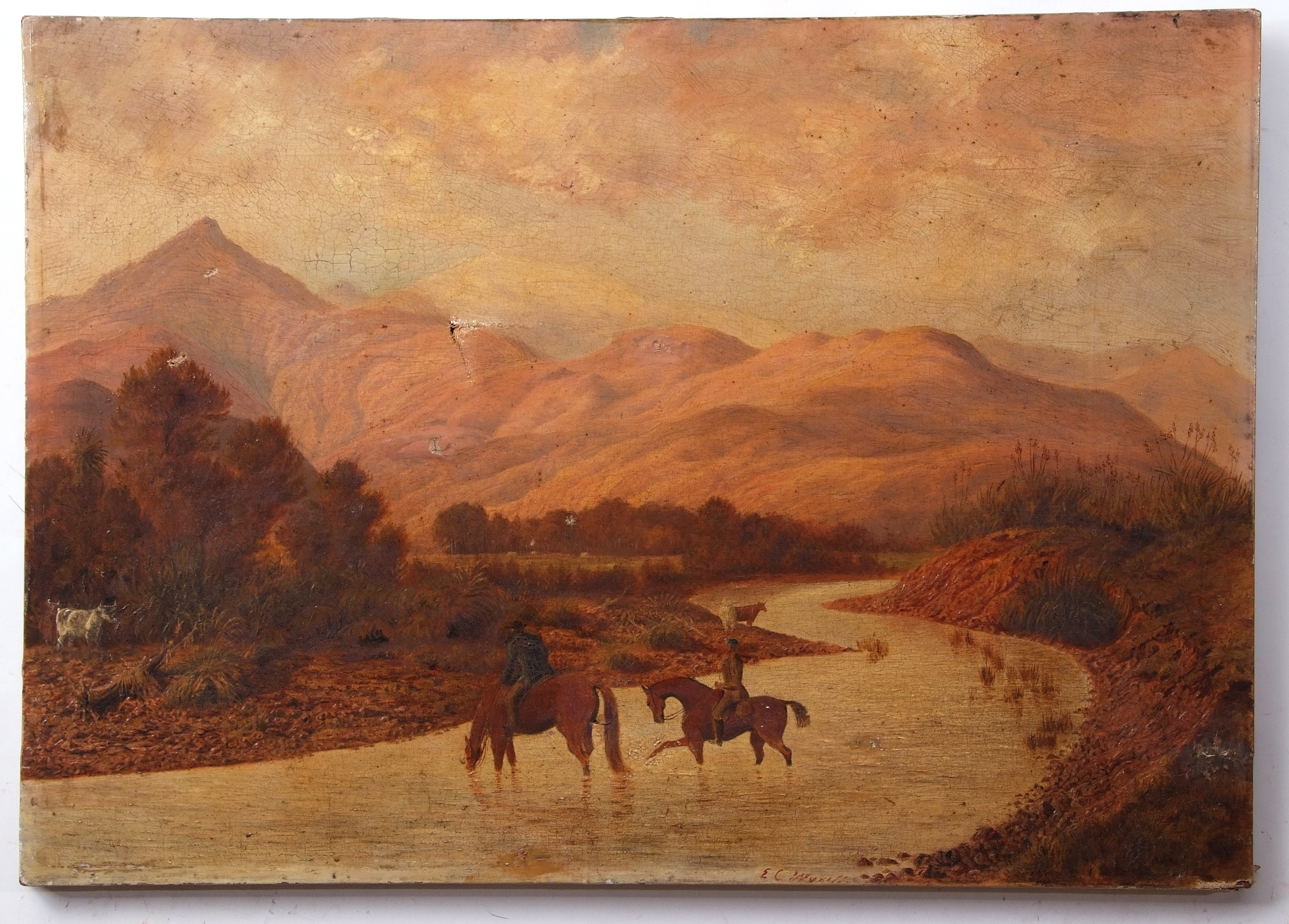 Rev Edward C Wyvill (19th century), Horseman fording a river in a gorge, possibly New Zealand, oil