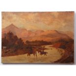 Rev Edward C Wyvill (19th century), Horseman fording a river in a gorge, possibly New Zealand, oil