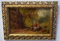 English School (19th century), Figures in a wooded landscape, oil on board, indistinctly signed