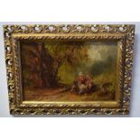 English School (19th century), Figures in a wooded landscape, oil on board, indistinctly signed