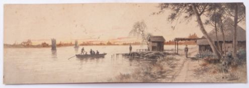 M Wotonabe (20th century), Japanese river scene with figures, watercolour, signed lower right, 15