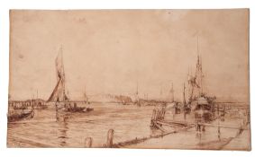 William Lionel Wyllie RA (1851-1931), Harbour scene, pen, ink and wash. signed lower left, 38 x 65cm