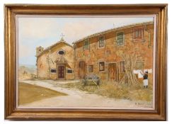 AR Richard Beer (1928-2017), Continental scene with figure by a building and chapel, oil on