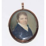 19th century English School portrait miniature, Head and shoulders portrait of a gent wearing blue