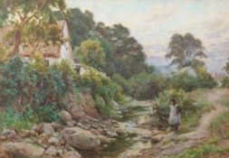 Tom Clough (1867-1943), Landscape with young girl by a stream and cottage, watercolour, signed lower
