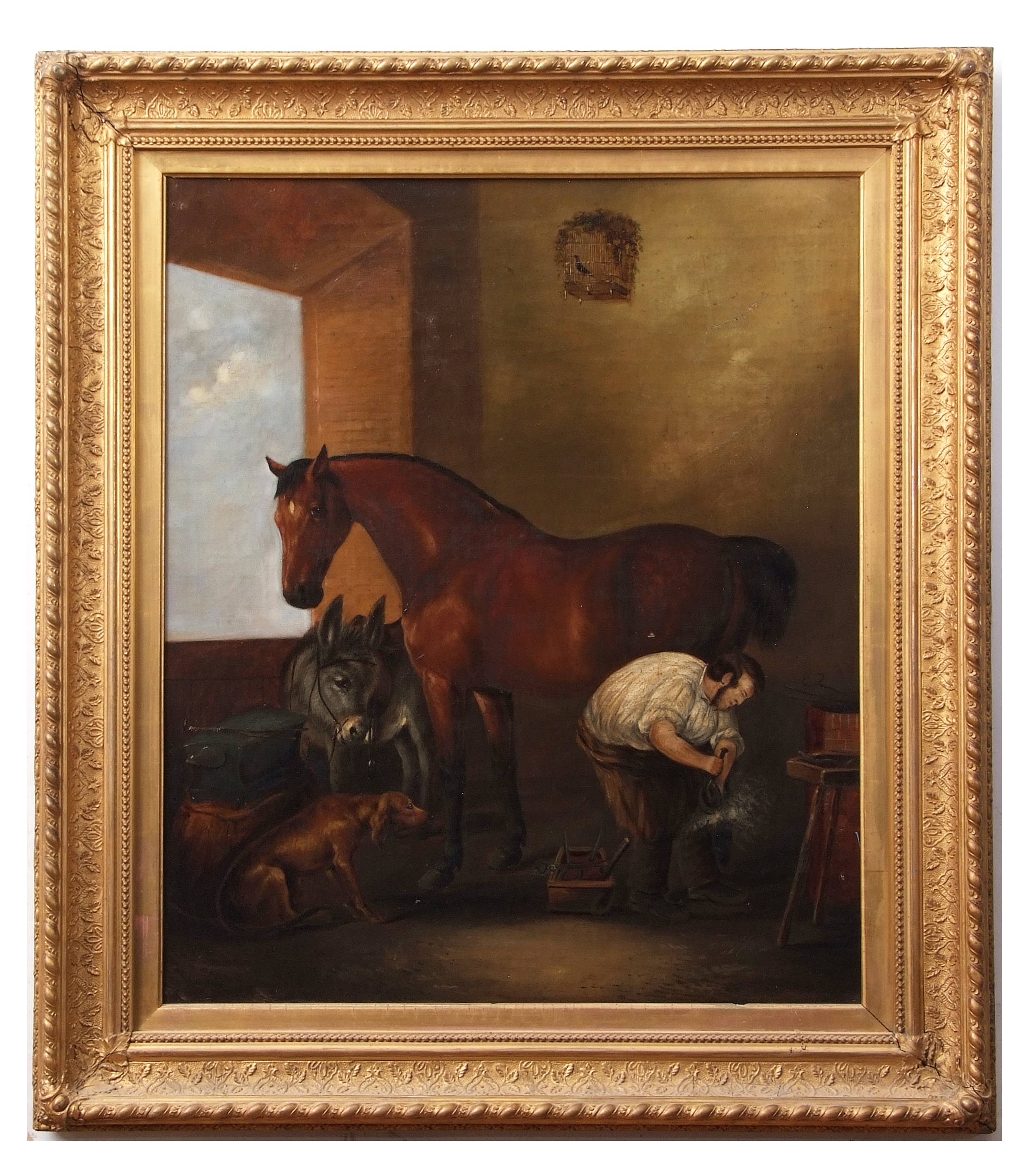 After Sir Edwin Landseer (19th century), "Shoeing", oil on canvas, 59 x 49cm