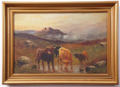 C W Oswald (19th/20th century), Scottish landscapes with Highland cattle pair of oils on canvas,