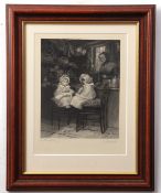 After Helen Allingham, engraved by G Stodart, Children in a toy shop, black and white engraving,