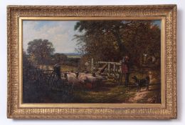 Attributed to George William Mote (1832-1909), Shepherd, dog and flock by a gate, oil on canvas,
