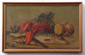 English School (19th century), Still Life study, pipe, lobster, oyster, onions etc oil on canvas, 30
