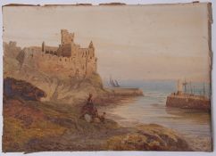 Whaite (19th century), Figures before a coastal castle, watercolour, signed lower left, 38 x 53cm