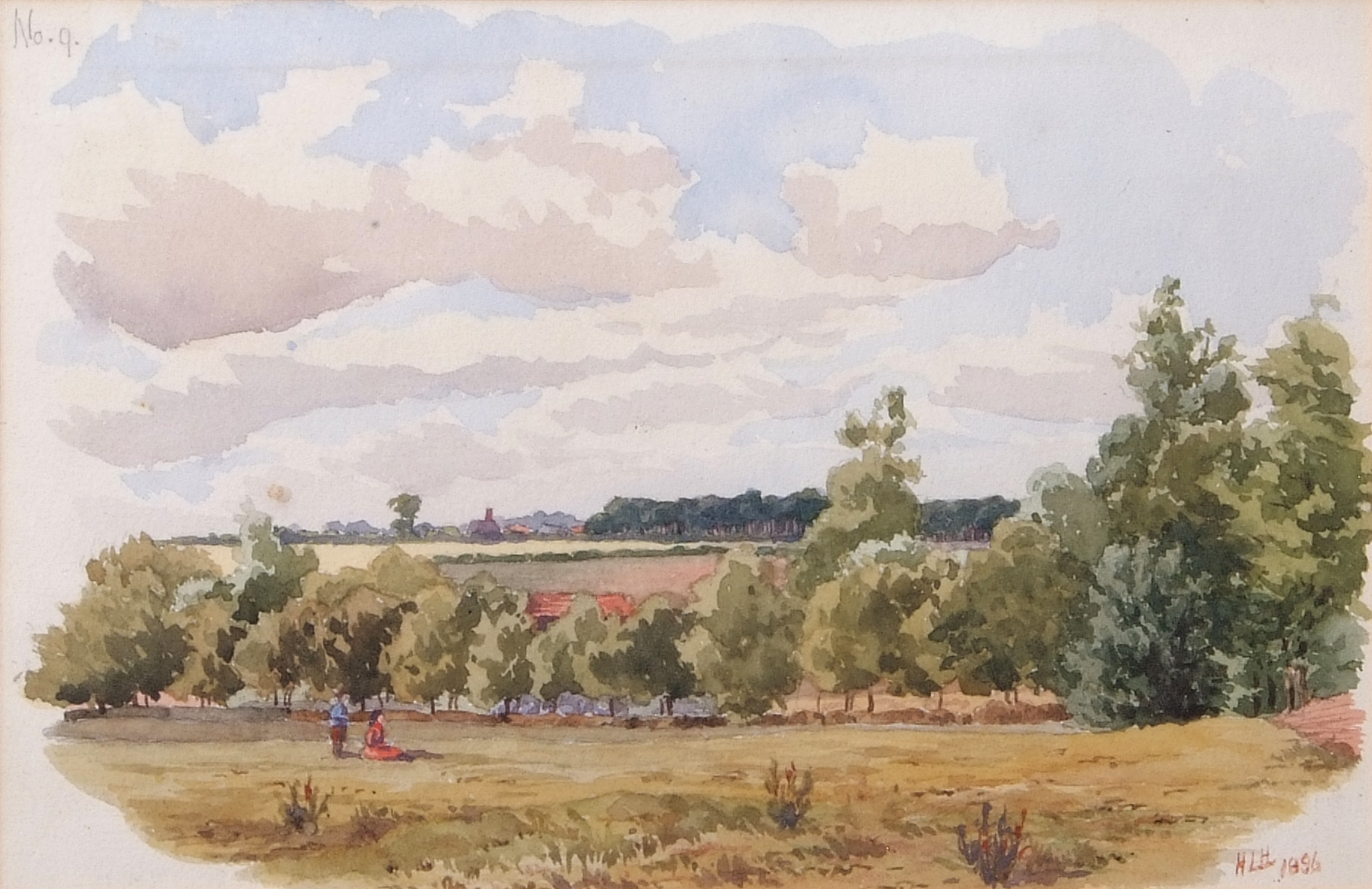 Henry Leslie Harris (ex 1880-1910), Landscape with figures, watercolour, initialled and dated 1896