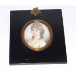 20th century portrait miniature, Head and shoulders portrait of a lady, 8 x 6cm