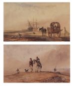 English School (19th century), Fisherfolk returning home and Horse and cart on a beach pair of