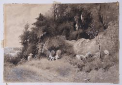 Miller Smith RBA (1854-1937), Sheep in landscape, monotone watercolour, signed lower left and
