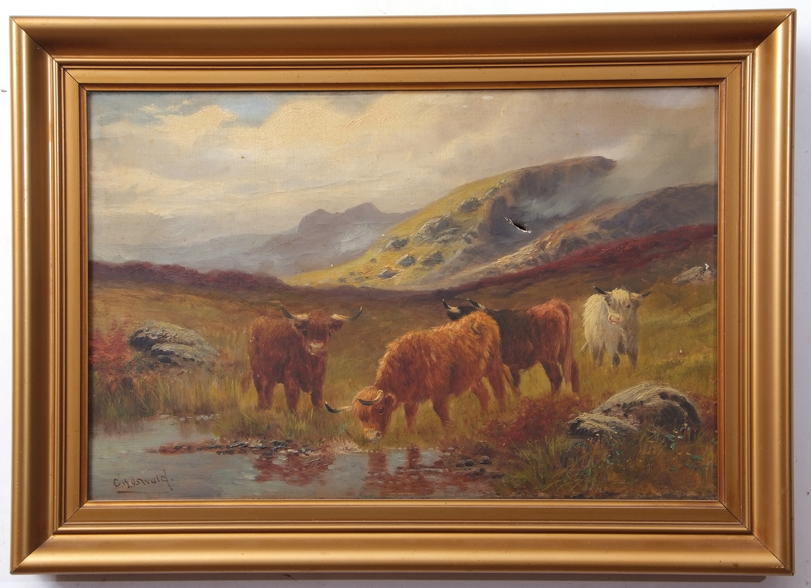 C W Oswald (19th/20th century), Scottish landscapes with Highland cattle pair of oils on canvas, - Image 2 of 2