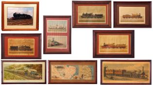 Group of various railway prints of locomotives and map of Great Eastern Railway including the Broads