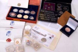 Box of assorted mainly modern coins including a few proofs plus various commemorative and fantasy