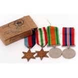 WWII British Medal group in original box to include 1939-45 Star, Italy Star, Defence Medal and