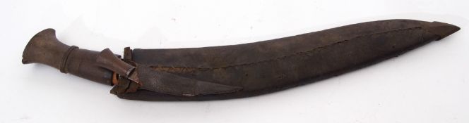 Bhojpur Nepalese Kukri in leather scabbard (a/f), lacking one skinning tool, 47cm long