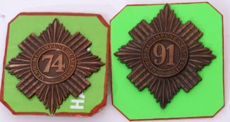Pair of Glengarry cap badges to include 91st Argyll Highland Regt and 74th Regt of Highland Light