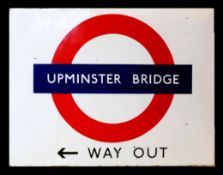 Large enamel sign for Upminster Bridge underground station "Way Out", with usual blue logo on