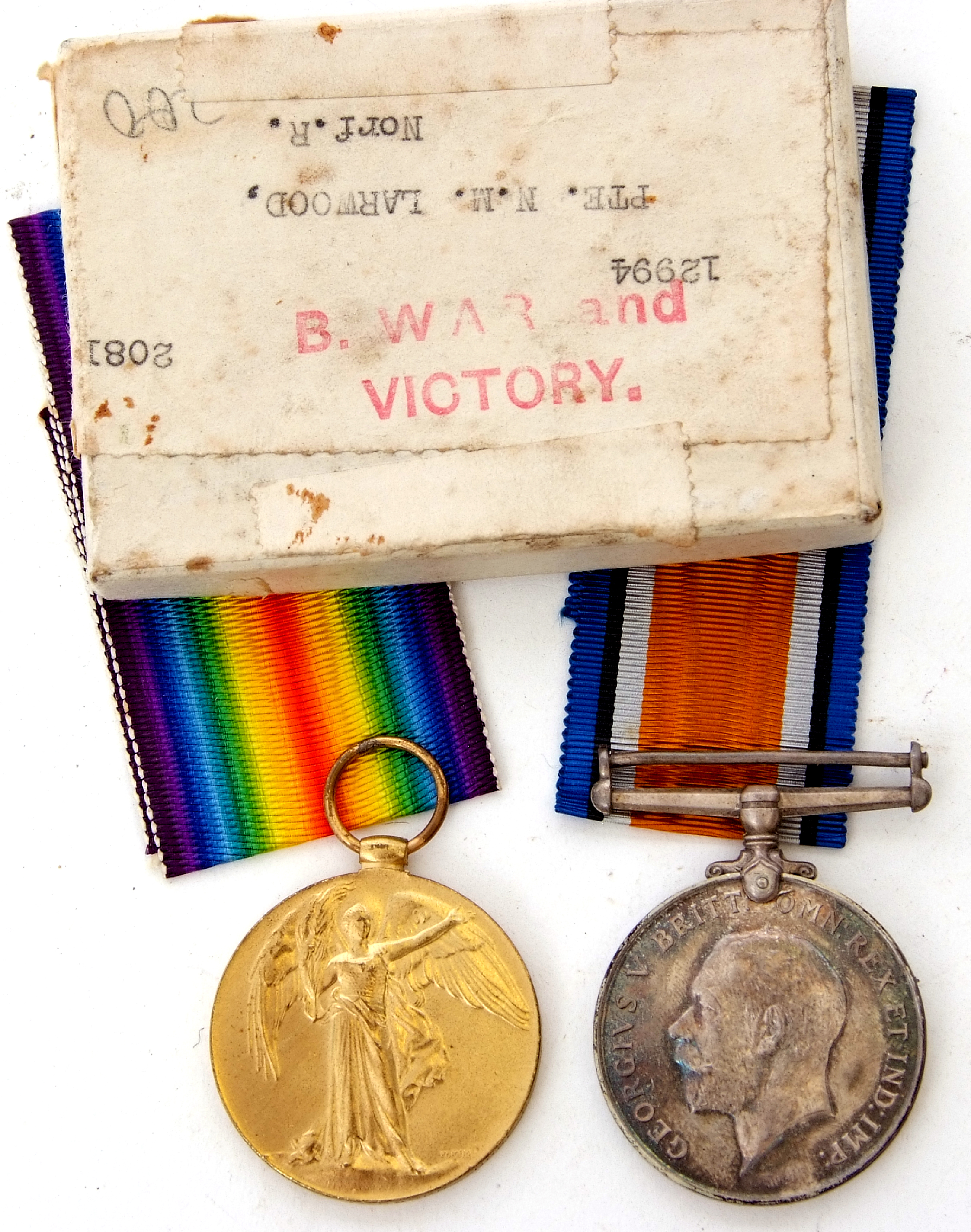 WWI pair comprising War Medal, Victory Medal in original box with paper slips, impressed to 12994