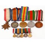 First and Second World War medal group of five plus miniatures impressed C H 19798 Pte C J Capon