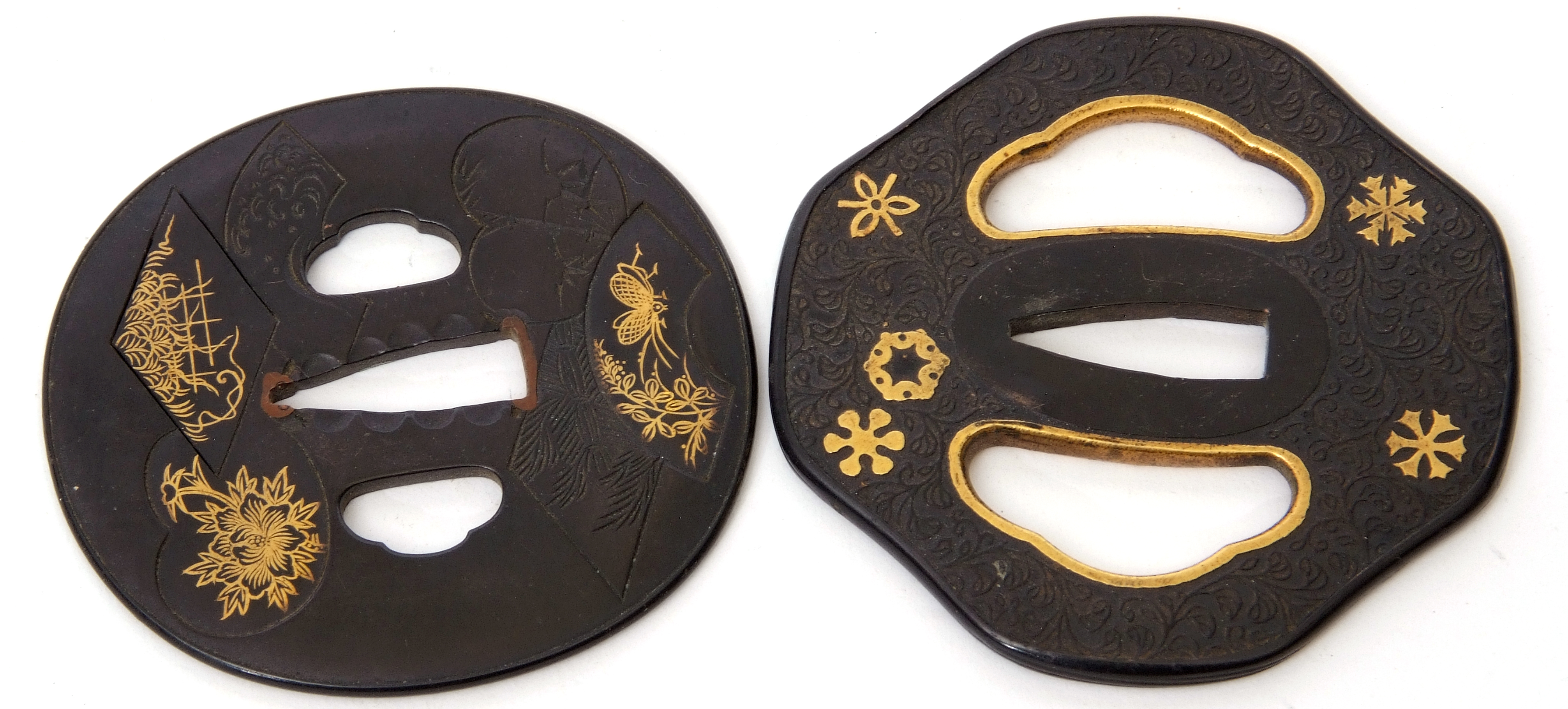 Pair of Japanese Kurani Tsubas made of bronze, decorated with gilt flowers and butterflies in