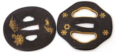 Pair of Japanese Kurani Tsubas made of bronze, decorated with gilt flowers and butterflies in