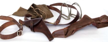 Quantity of militaria items to include officer's Sam Brown and pistol holster, cavalry stirrups