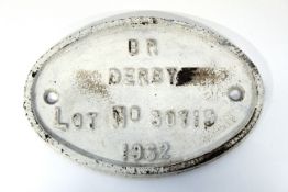 British Rail (Derby) wagon plate, no 30719 1962, 17cm long