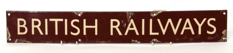 British Railways enamel sign: wording in white enamel on a brown ground, 67cm long x 10cm wide