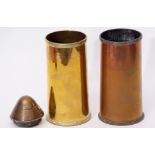 Pair of WWI 18 pounder shell casings/trench art vases, together with further German shell fuse