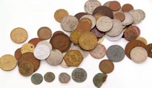 Carton of assorted mainly UK coins in very mixed condition plus a few tokens, mainly 17th century