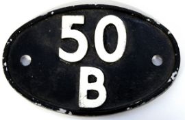 British Rail reproduction in cast aluminium shed plate, 50B (probably Leeds), 19cm long