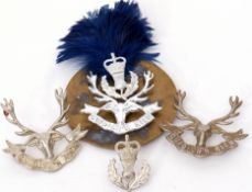 Pair of Seaforth & Cameron Highlanders cap badges, plus blue plume feather and Queen Elizabeth II