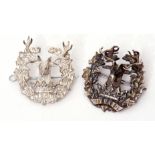 Pair of cast silver and white metal 3D Gordon Highlanders cap badges, one marked 925 AFC silver, the