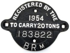 British Railways wagon registration plate, the reverse inscribed British Railways Reg No 183882 ex-