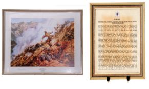 Signed watercolour depicting battle scene, CSM Peter Wright VC of No 1 3rd Btn Coldstream Guards