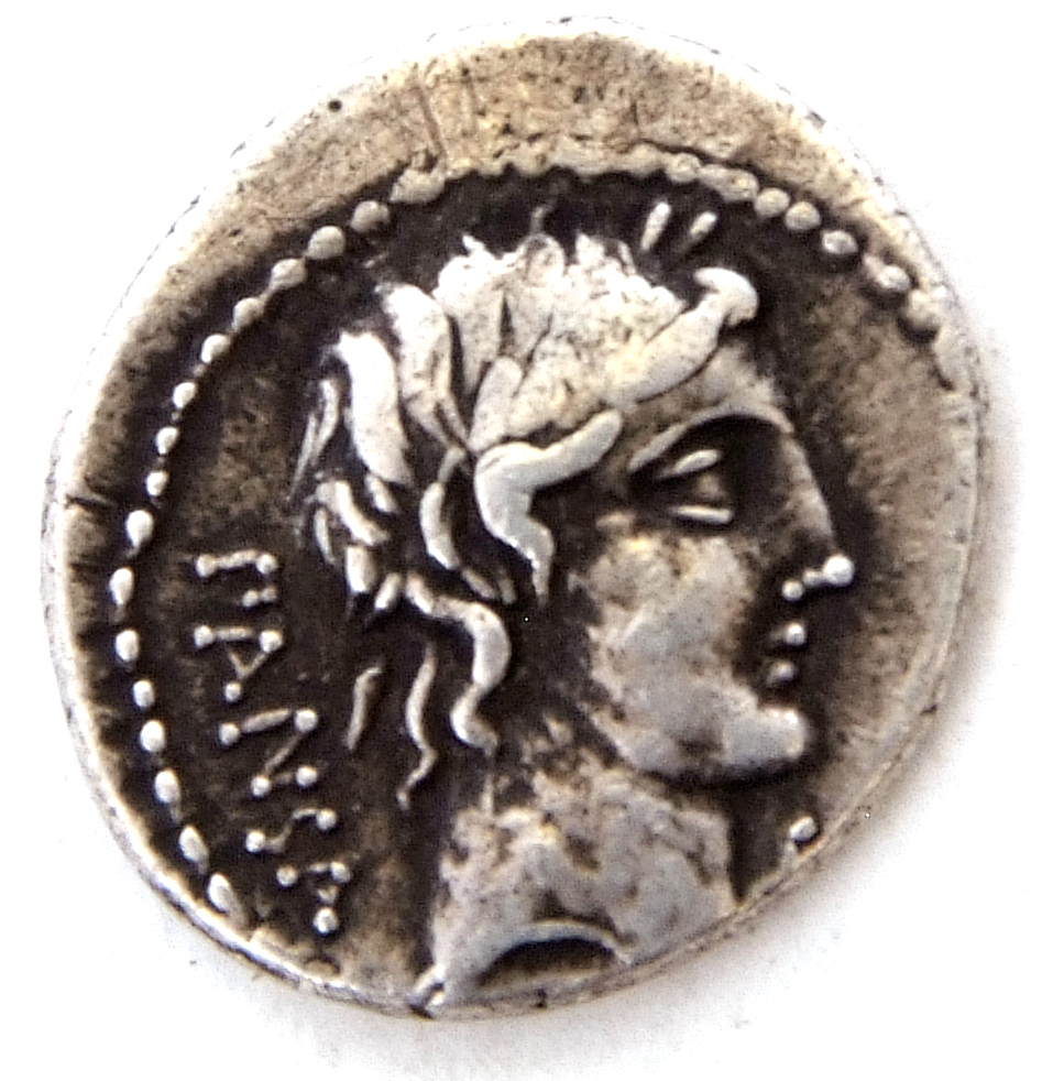 Small silver 90BC Roman Republic AR Dinarius Vibius, the reverse featuring Laureate bust of Apollo