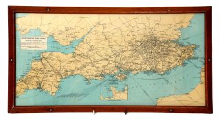 Map of the Southern Railway network in wooden frame, 54cm long