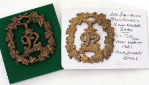 Pair of 92nd Regt Gordon Highlanders brass Glengarry badges (2)