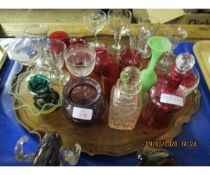 TRAY CONTAINING 19TH CENTURY GLASSES, CRANBERRY BEAKERS, VASES ETC